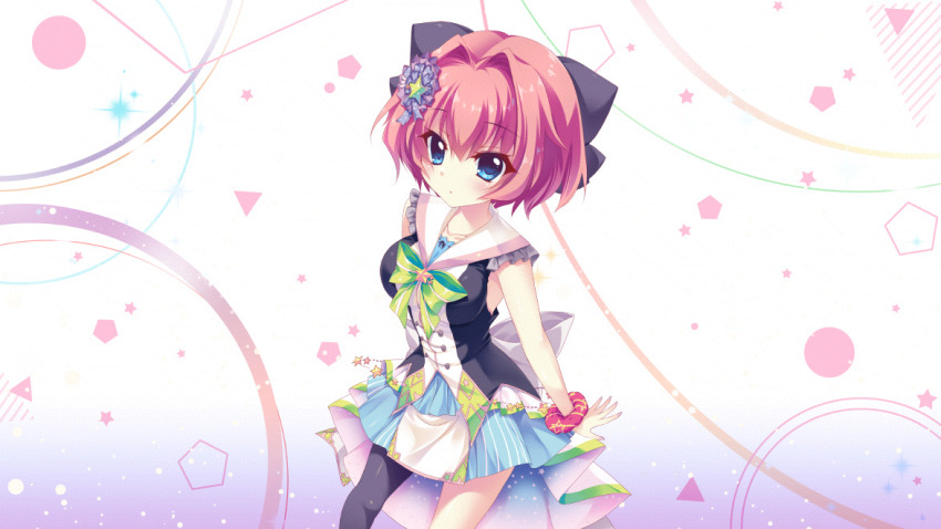 1girl asymmetrical_legwear black_pantyhose blue_dress blue_eyes blue_skirt bow breasts brooch collarbone dot_nose dress film_grain game_cg green_bow hair_bow hair_intakes hair_ornament hiiragi_kae izumi_tsubasu jewelry large_bow large_breasts layered_skirt looking_at_viewer non-web_source official_art pantyhose parted_lips pink_hair pink_scrunchie print_scrunchie purple_bow re:stage! sailor_collar scrunchie short_hair skirt solo star_(symbol) star_brooch star_print striped_clothes striped_scrunchie striped_skirt vertical-striped_clothes vertical-striped_skirt white_sailor_collar wrist_scrunchie