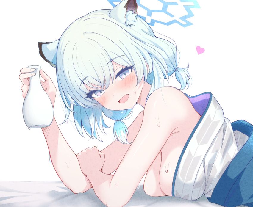 1girl animal_ears aqua_hair armpits bed_sheet blue_archive blush bottle breasts extra_ears halo heart highres holding holding_bottle karikura_(atatata71) looking_at_viewer loose_kimono lying medium_breasts official_alternate_costume on_stomach shigure_(blue_archive) shigure_(hot_spring)_(blue_archive) short_twintails simple_background smile solo sweat tokkuri twintails upper_body weasel_ears white_background