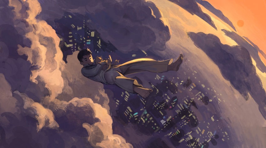 1boy baby_animal barefoot black_hair building choidomart city city_lights cityscape cloud cloudy_sky dog falling floating full_body high_up highres holding long_sleeves male_focus original outdoors pajamas pants puppy scenery shirt short_hair sky skyscraper sleepwear smile solo sun sunset white_pants white_shirt