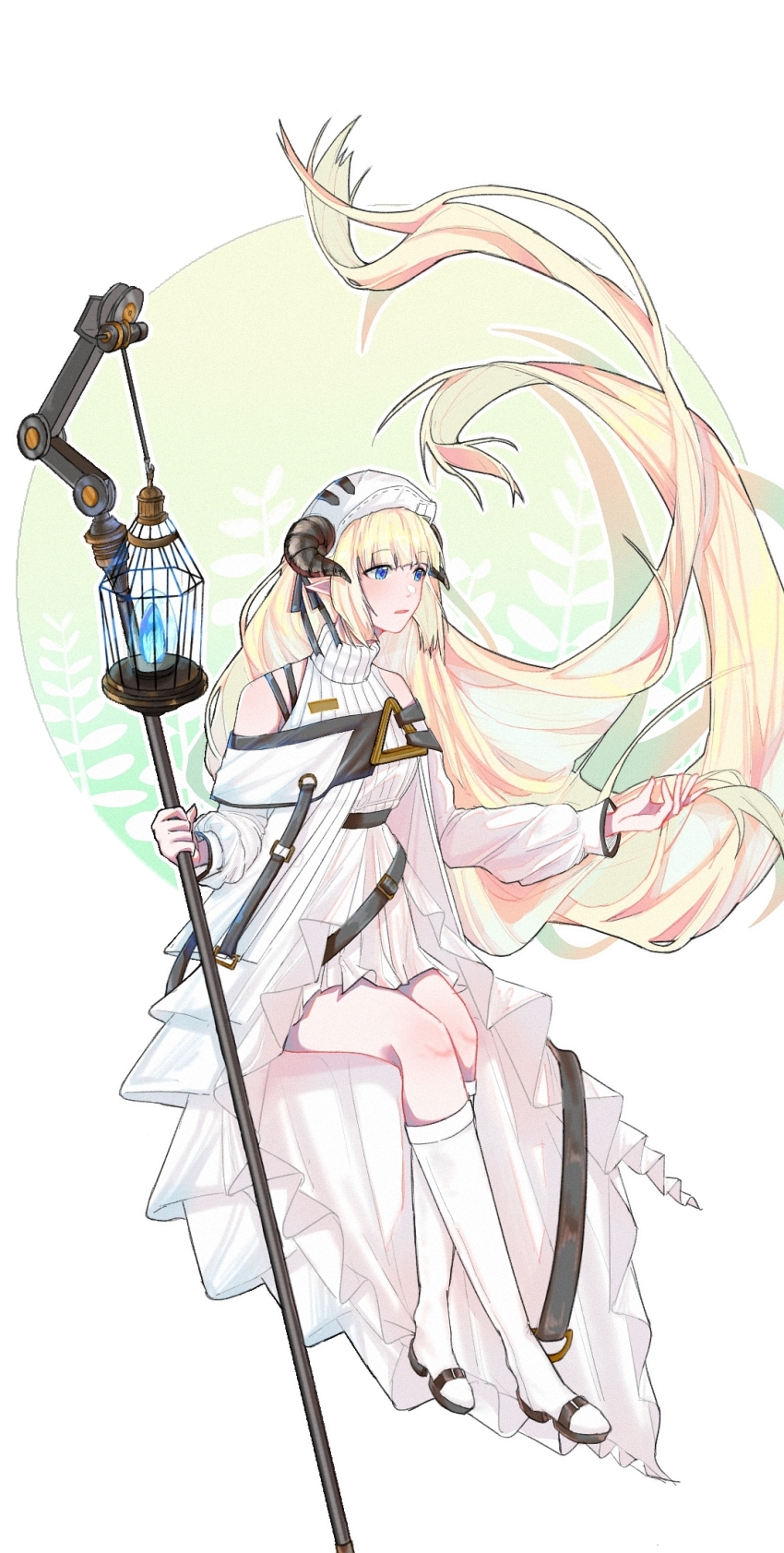 1girl arknights bare_shoulders black_horns blonde_hair blue_eyes blue_fire border chinese_commentary commentary_request dress fire floating_hair full_body hat highres holding holding_lantern horns invisible_chair kneehighs lantern long_hair long_sleeves nightingale_(arknights) outside_border parted_lips pointy_ears sitting socks solo strap train_(clothing) turtleneck turtleneck_dress very_long_hair wangchuan white_border white_dress white_hat white_socks