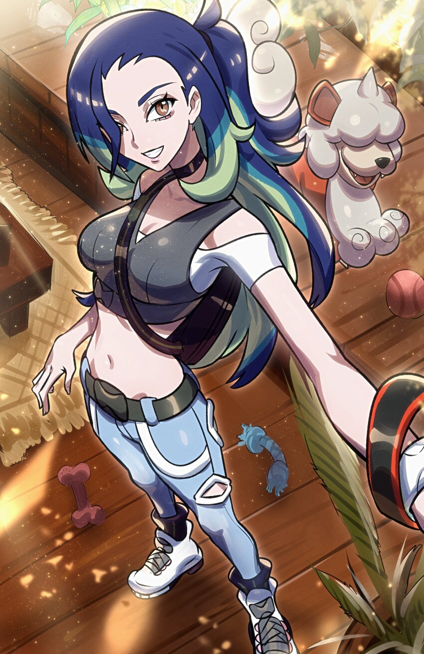 1girl absurdres alternate_hairstyle black_choker blue_hair breasts brown_eyes choker claws collarbone crop_top fangs gradient_hair grey_shirt highres hisuian_growlithe holding long_hair midriff multicolored_hair nintendo open_mouth pants perrin_(pokemon) pokemon pokemon_(creature) pokemon_sv ponytail ribbed_shirt ryairyai shirt sleeveless sleeveless_shirt smile tongue undershirt