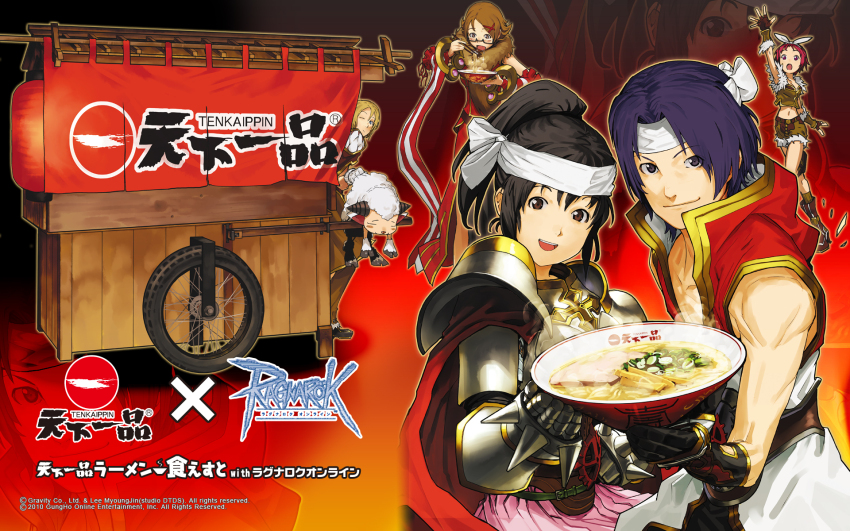 2boys 3girls amistr_(ragnarok_online) animal animal_around_neck arm_up armor armpits belt black-framed_eyewear black_belt black_gloves black_hair blonde_hair blue_eyes boots bowl breastplate breasts brown_cape brown_eyes brown_footwear brown_gloves brown_hair brown_shirt brown_shorts cape champion_(ragnarok_online) chopsticks closed_mouth coat copyright_notice cowboy_shot creator_(ragnarok_online) crop_top cross cross_of_prontera detached_sleeves dress eating fingerless_gloves food fox full_body fur-trimmed_gloves fur-trimmed_shirt fur-trimmed_shorts fur_trim glasses gloves gold_trim hair_ornament headband high_ponytail highres holding holding_bowl holding_chopsticks logo looking_at_viewer lord_knight_(ragnarok_online) medium_breasts multicolored_coat multiple_boys multiple_girls noodles official_art official_wallpaper one_eye_closed open_mouth pauldrons pink_skirt ponytail professor_(ragnarok_online) purple_hair ragnarok_online ramen red_coat red_dress red_hair red_sleeves s.of.l sheep shirt short_hair shorts shoulder_armor skirt sleeveless sleeveless_coat sleeveless_dress sleeveless_shirt smile sniper_(ragnarok_online) spiked_gauntlets standing striped_sleeves tenkaippin two-tone_coat two-tone_gloves two-tone_shorts vending_cart walking waving white_coat white_headband white_sleeves x_hair_ornament