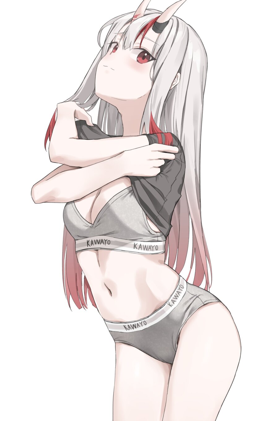 1girl absurdres alternate_costume ass black_shirt brand_name_imitation breasts cleavage closed_mouth clothes_lift commentary crossed_arms gradient_hair grey_hair grey_panties grey_sports_bra hair_between_horns highres hololive horns lifting_own_clothes long_hair looking_at_viewer multicolored_hair nakiri_ayame navel oni panties red_eyes red_hair scarlet_(wv0102) shirt shirt_lift short_sleeves simple_background skin-covered_horns smile solo sports_bra sports_panties standing streaked_hair symbol-only_commentary t-shirt underwear virtual_youtuber white_background