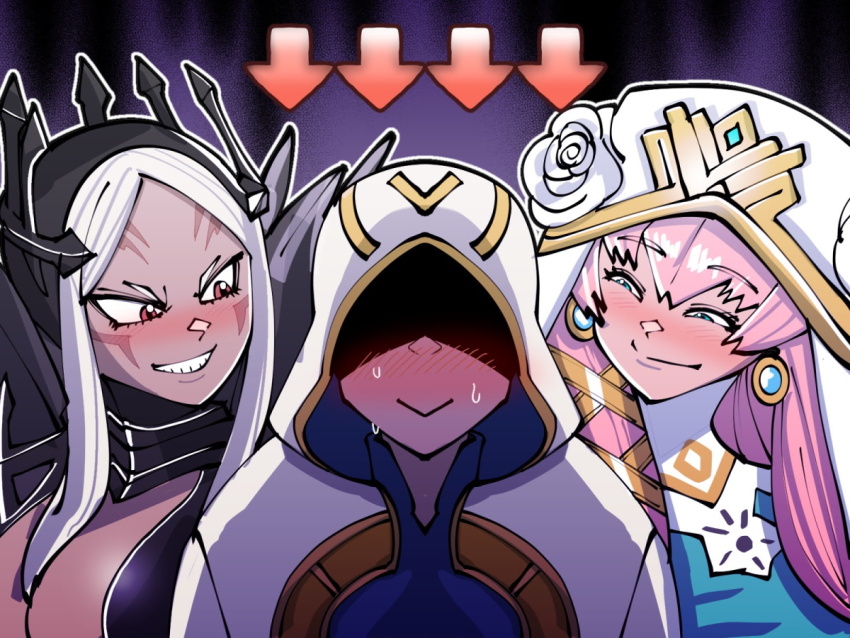 1boy 2girls aversa_(fire_emblem) commission earrings fire_emblem fire_emblem_heroes gold_trim gunnthra_(fire_emblem) hooded_robe jewelry kiran_(fire_emblem) looking_at_another male_kiran_(fire_emblem) mnejing30 multiple_girls nintendo robe smile white_robe