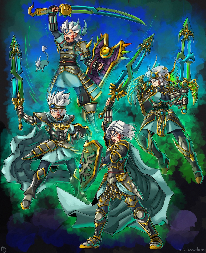 absurdres alternate_color alternate_costume alternate_weapon angry armor arms_up aura bird_studio blue_gemstone boots cape chest_jewel clenched_teeth corruption crescent crossover dark_persona double_helix dragon_quest dragon_quest_iii dragon_quest_iv dragon_quest_viii dragon_quest_xi erdrick&#039;s_sword fierce_deity fingerless_gloves fins frown gem gloves hal_laboratory head_fins hero_(dq11) hero_(dq3) hero_(dq4) hero_(dq8) highres holding holding_shield holding_sword holding_weapon jumping looking_to_the_side majora_(entity) multiple_boys multiple_persona munchie_(dq8) nintendo no_pupils open_mouth pauldrons possessed possession shield short_hair shoulder_armor spiked_pauldrons spiked_shield spikes square_enix standing stoic_seraphim super_smash_bros. sword tail teeth the_legend_of_zelda the_legend_of_zelda:_majora&#039;s_mask triangle weapon white_eyes white_hair wrist_guards zenithian_sword