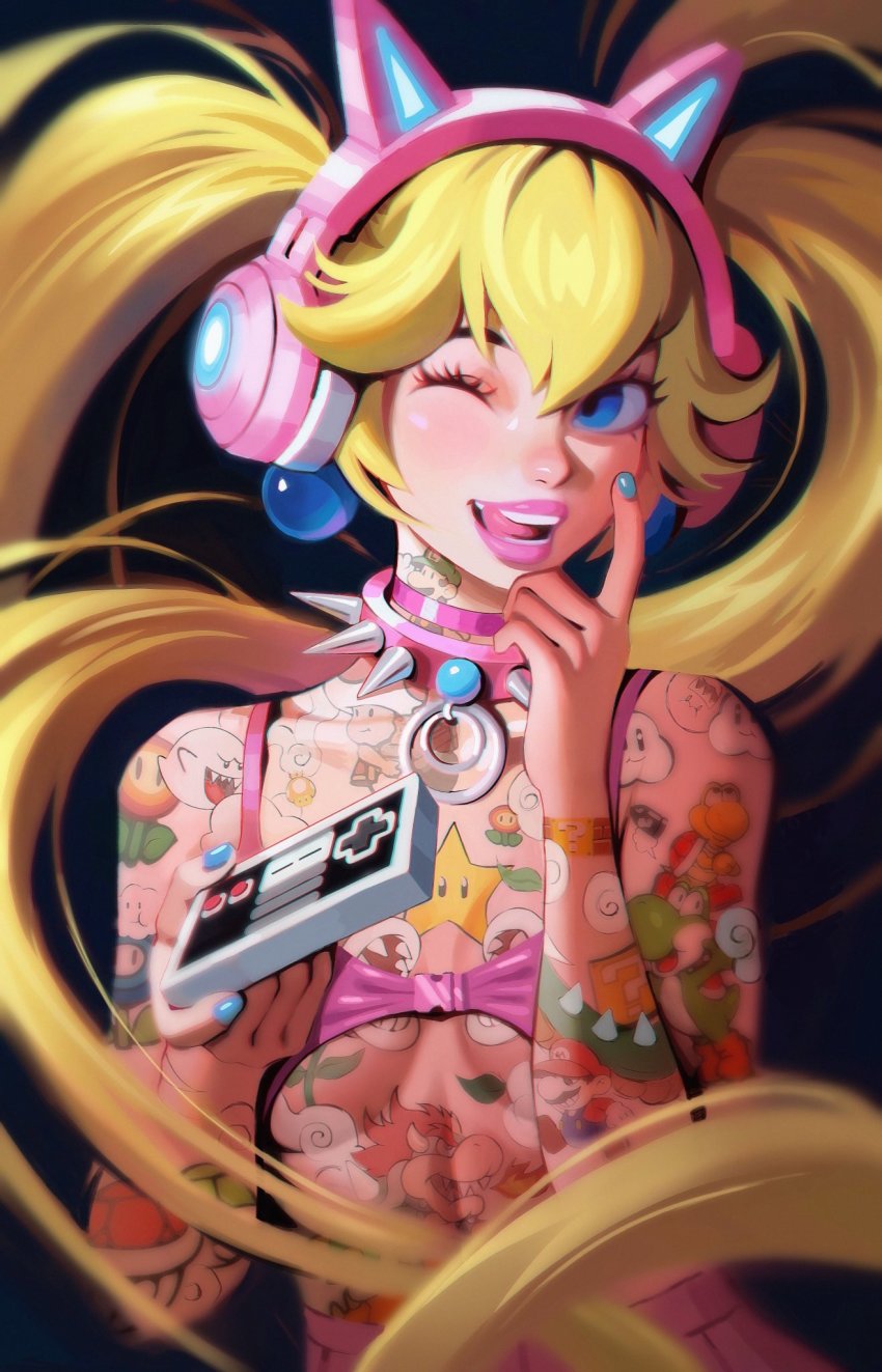 1girl ?_block alternate_hairstyle animal_ear_headphones animal_ears blonde_hair blue_nails blurry blurry_background boo_(mario) bowser breasts brick_block bullet_bill cat_ear_headphones character_tattoo collar controller depth_of_field fake_animal_ears fire_flower game_console game_controller gamepad golden_mushroom green_shell_(mario) hand_up headphones highres holding holding_controller ice_flower_(mario) index_finger_raised koopa_troopa long_hair looking_at_viewer luigi mario mario_(series) mkchainsaw nail_polish nes nintendo one_eye_closed paper_mario piranha_plant princess_peach red_shell_(mario) smile spiked_collar spikes super_mario_bros._1 super_star_(mario) tattoo teeth toad_(mario) tongue tongue_out treasure_chest twintails underboob yoshi