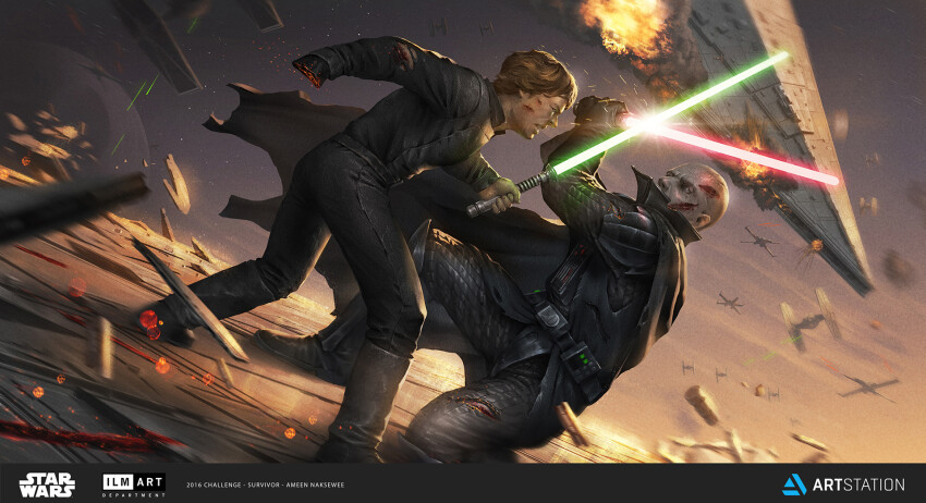 2boys ameen_naksewee artstation_logo artstation_username belt black_cape black_pants black_shirt blonde_hair cape colored_skin copyright_name darth_vader debris energy_sword english_text father_and_son fighting green_lightsaber grey_skin highres holding holding_sword holding_weapon lightsaber logo luke_skywalker multiple_boys pants red_lightsaber shirt short_hair star_destroyer star_wars sword watermark weapon