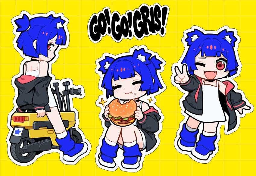 1girl :t absurdres animal_ear_fluff animal_ears black_jacket blue_footwear blue_hair blush boots burger chibi choker closed_eyes closed_mouth commentary dress eating english_commentary english_text fang food food_on_face go!_go!_gris! grid_background gris_(go!_go!_gris!) highres holding holding_food honda_motocompo jacket looking_at_viewer motor_vehicle off_shoulder one_eye_closed open_mouth original outline outstretched_arm ponytail red_eyes short_hair short_ponytail sitting sleeveless sleeveless_dress smile socks sparkle v vertigris white_dress white_outline white_socks yellow_background