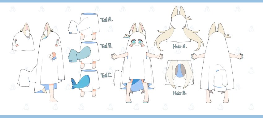 1girl :3 absurdres animal_ear_fluff animal_ears barefoot blue_nails blue_streaks blush_stickers cat_ears commentary english_commentary feet fins fish_girl fish_tail full_body ghost_costume highres indie_virtual_youtuber long_hair multicolored_hair nail_polish official_art one_side_up reference_sheet sameko_saba simple_background standing streaked_hair t-pose tail toenail_polish toenails toes very_long_hair virtual_youtuber white_background zaniaii