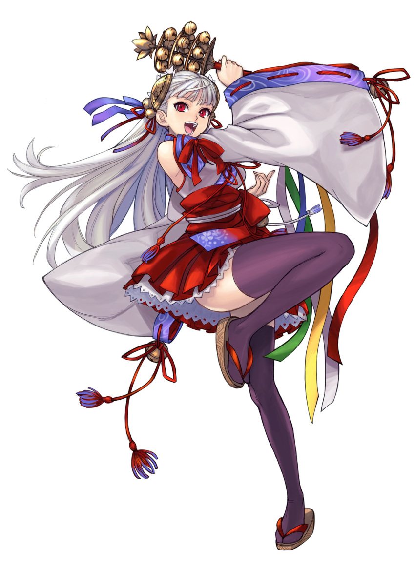1girl :d bell black_thighhighs capcom capcom_fighting_jam female_focus hair_bell hair_ornament hair_ribbon hairpods happy highres ingrid_(capcom) japanese_clothes jingle_bell kagura_suzu long_hair miko miniskirt nontraditional_miko onimusha_soul open_mouth purple_thighhighs red_eyes ribbon sandals skirt smile solo staff standing standing_on_one_leg tetsu_(kimuchi) thighhighs white_hair wide_sleeves