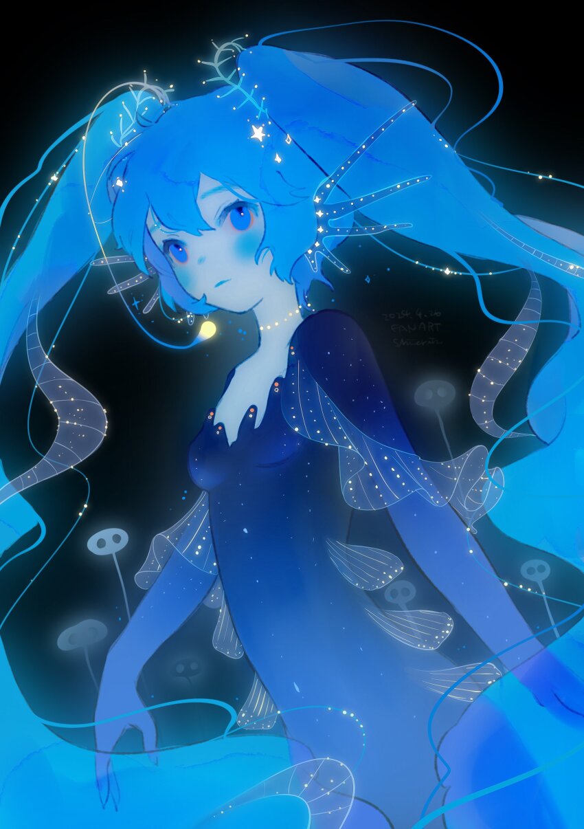1girl absurdres anglerfish bioluminescence black_background blue_bodysuit blue_eyes blue_hair bodysuit breasts closed_mouth fins fish frills glowing highres long_hair looking_at_viewer original shieriru simple_background small_breasts solo sparkle twintails upper_body