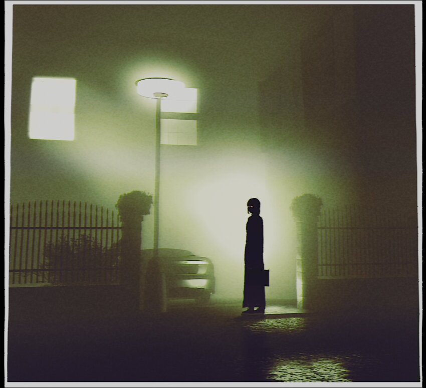 1girl backlighting border briefcase cat chainsaw_man derivative_work fog full_body gate glowing glowing_eyes highres holding holding_briefcase lamppost long_coat long_hair makima_(chainsaw_man) silhouette skirtsan solo standing the_exorcist white_border