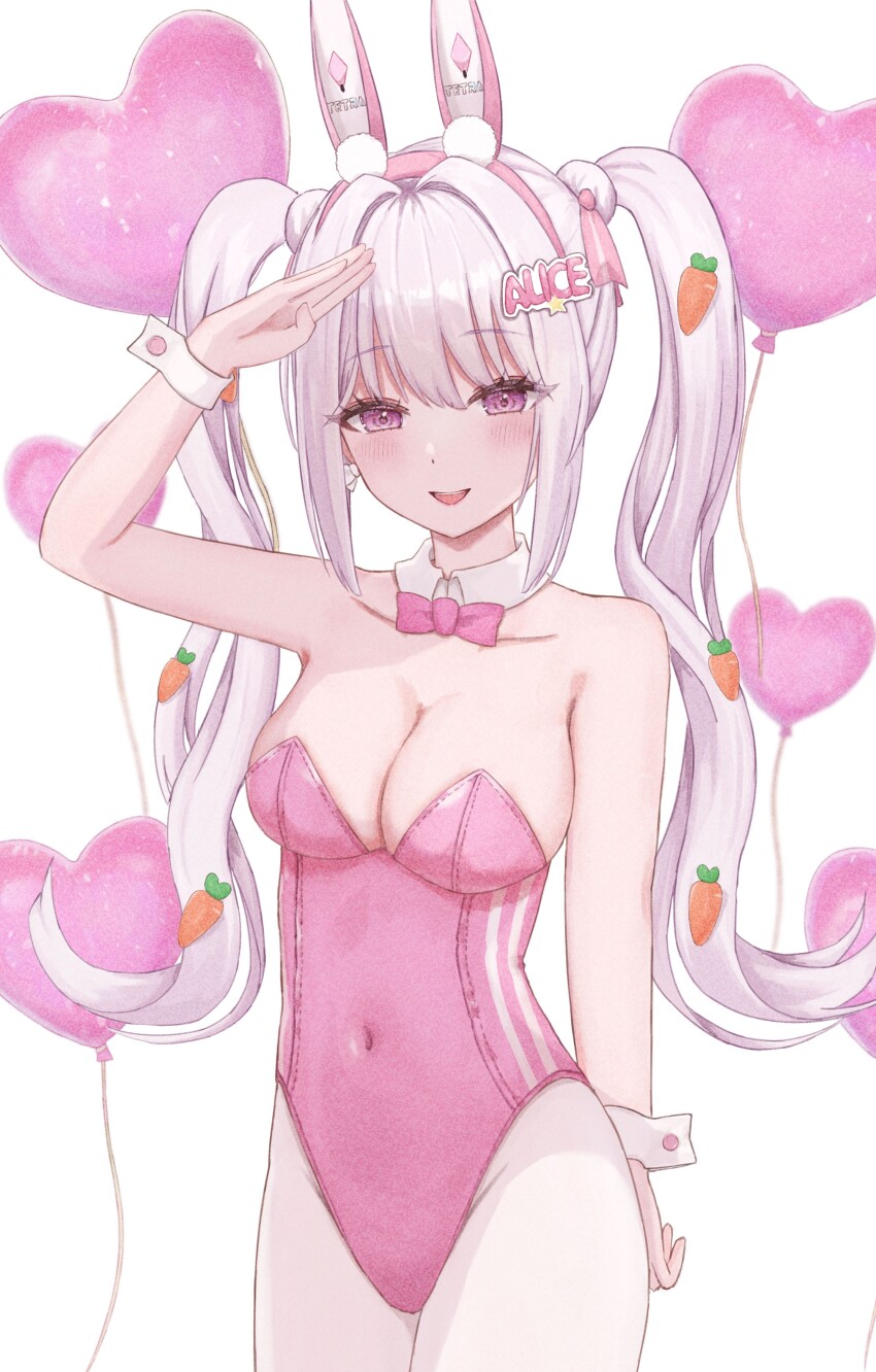 1girl absurdres alice_(nikke) alice_(wonderland_bunny)_(nikke) animal_ears bow bowtie breasts carrot_hair_ornament cowboy_shot detached_collar fake_animal_ears food-themed_hair_ornament goddess_of_victory:_nikke hair_ornament highres leotard long_hair name_tag_hair_ornament nukumori_ty pantyhose pink_bow pink_bowtie pink_eyes pink_leotard playboy_bunny rabbit_ears strapless strapless_leotard twintails undersized_breast_cup white_pantyhose white_wrist_cuffs wrist_cuffs