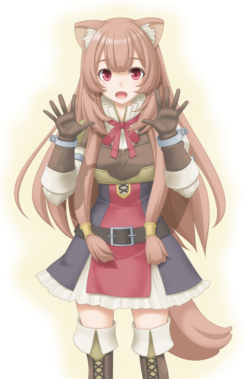 1girl animal_ear_fluff animal_ears armor belt black_belt black_dress blunt_bangs boots breastplate breasts brown_boots brown_gloves brown_hair collared_dress commentary_request dress elbow_gloves gloves hands_up high_collar highres leather_armor long_hair long_sleeves looking_at_viewer medium_breasts metal_arm_cuffs metal_wrist_cuffs neck_ribbon open_mouth pauldrons raccoon_ears raccoon_girl raccoon_tail raphtalia red_dress red_eyes red_ribbon ribbon short_dress shoulder_armor single_pauldron sleeveless sleeveless_dress solo straight-on straight_hair striped_clothes striped_dress t2r tail tate_no_yuusha_no_nariagari thigh_boots thighhighs two-tone_background two-tone_dress vertical-striped_clothes vertical-striped_dress white_background white_dress yellow_background zettai_ryouiki