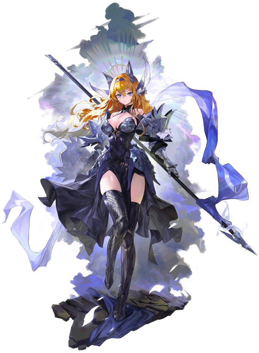 1girl absurdres armor armored_boots armored_dress bare_shoulders black_dress blonde_hair blue_eyes boots boridongja breasts cleavage closed_mouth dress full_body gauntlets hairband highres holding holding_polearm holding_weapon lance large_breasts long_hair looking_at_viewer original pelvic_curtain polearm shield solo spear standing standing_on_one_leg thigh_boots thighhighs weapon white_background