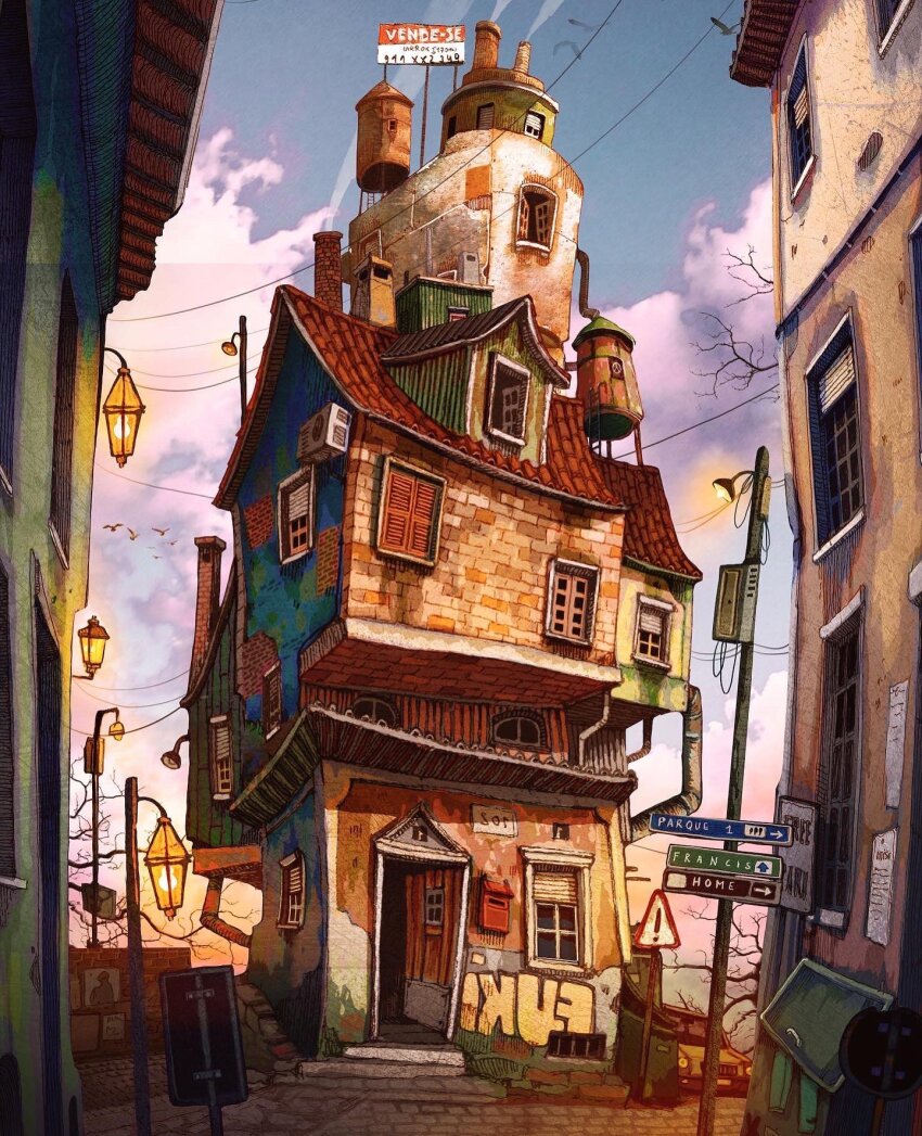 building chimney day door francisco_fonseca graffiti highres house lamppost mail no_humans open_door open_window original power_lines road_sign rooftop sign trash water_tower window