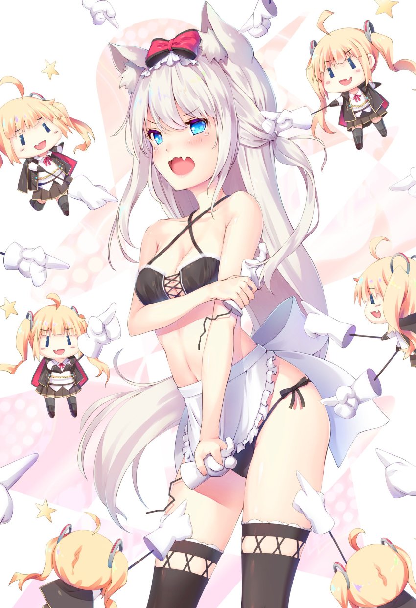 2girls 6+girls :d absurdres amazon_(azur_lane) animal_ears apron azur_lane bikini blonde_hair blue_eyes blush bow breasts cat_ears chibi cleavage collarbone commentary_request fang hair_bow hammann_(azur_lane) highres long_hair looking_at_viewer multiple_girls open_mouth pointer pointing silver_hair simple_background small_breasts smile star_(symbol) swimsuit tears thighhighs white_background |_| ||_||