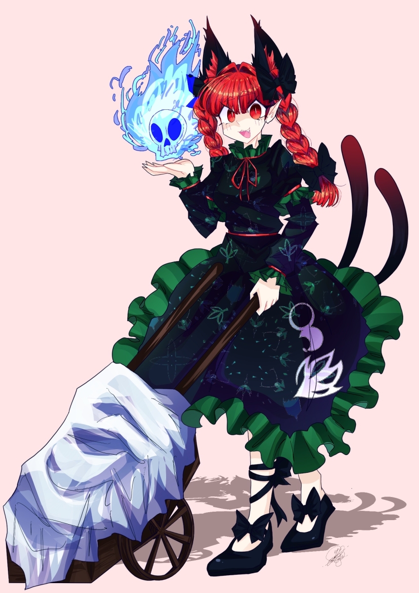 1girl animal_ears black_bow black_dress bow braid cat_ears cat_girl cat_tail commentary dress extra_ears full_body hair_bow highres hitodama kaenbyou_rin long_sleeves looking_at_viewer multiple_tails open_mouth patterned_background pink_background pointy_ears red_eyes side_braids signature simple_background skull standing tail touhou twin_braids two_tails wheelbarrow yoko_z