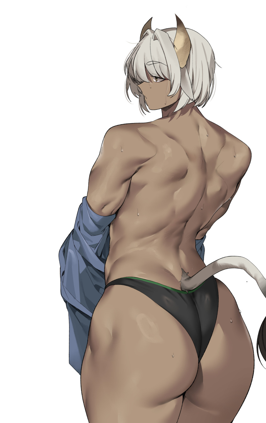 1girl absurdres ass back back_muscles black_panties closed_mouth from_behind grey_hair highres horns muscular muscular_female original panties revision short_hair simple_background solo tail underwear urec white_background