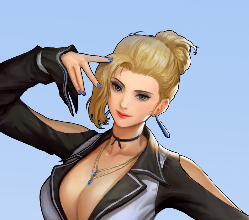 1girl blonde_hair blue_eyes breasts dress earrings female_focus formal_clothes guee_jae gueejae85 hair_bun hand_up highres huge_breasts jewelry large_breasts long_hair looking_at_viewer mature_(kof) mole mole_under_eye pale_skin smile suit the_king_of_fighters