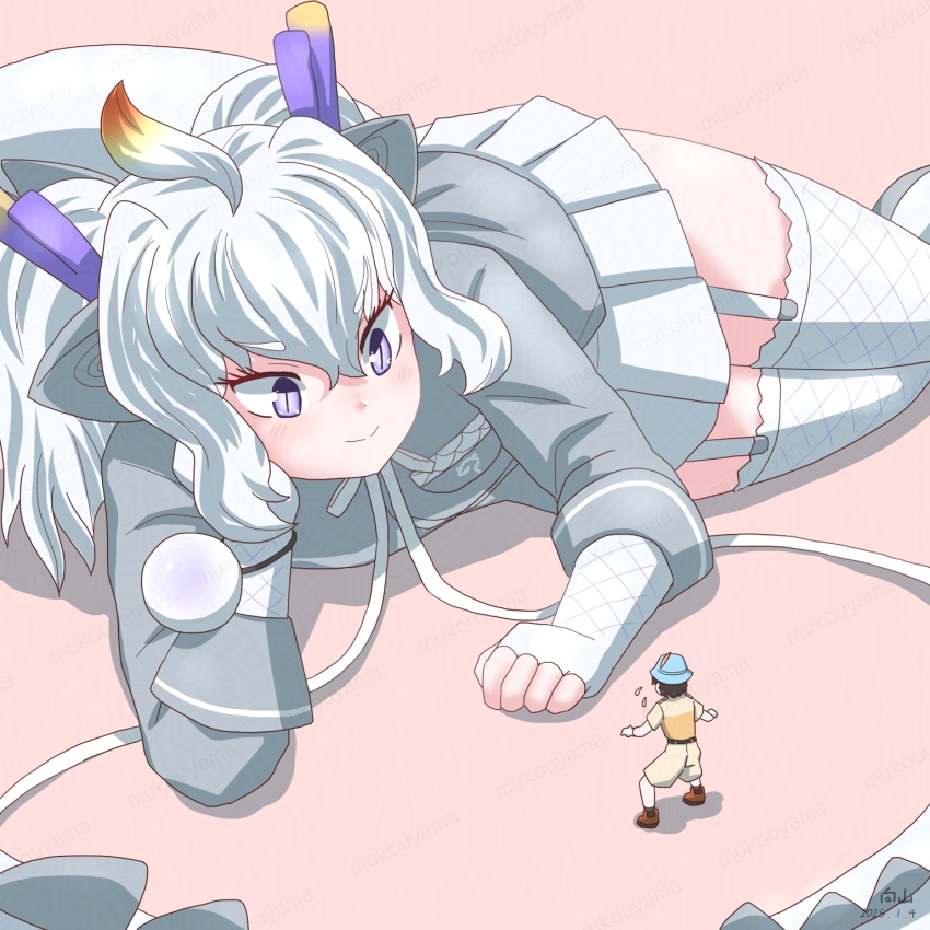 1boy 1girl animal_ears black_hair blush breast_pocket bucket_hat captain_(kemono_friends) dragon_ears dragon_girl dragon_horns dragon_tail extra_ears fingerless_gloves fishnet_gloves fishnets fur-tipped_tail garter_straps giant giantess gloves hair_between_eyes hat highres horns jacket japari_symbol kemono_friends kemono_friends_3 long_hair long_tail looking_at_another lying mukouyama_mu multicolored_hair multicolored_horns navel on_side open_mouth pocket purple_horns safari_jacket scale_print shirt short_hair short_sleeves skirt smile tail thighhighs white_dragon_(kemono_friends) white_hair yellow_horns