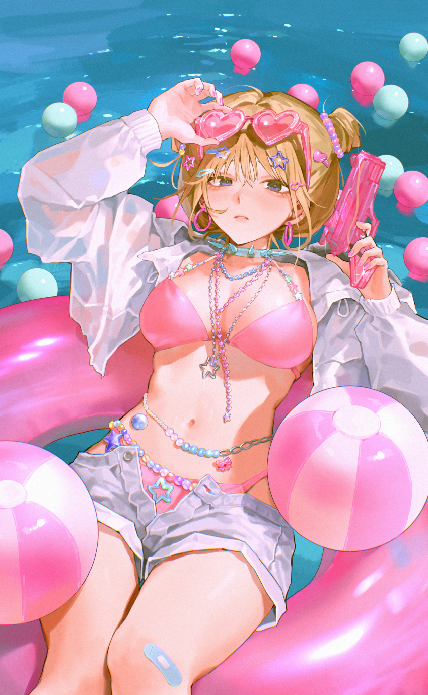 1girl absurdres adjusting_eyewear ball bandaid bandaid_on_knee bandaid_on_leg beachball beads bikini bikini_under_shorts blonde_hair blue_eyes breasts choker commentary earrings eyewear_on_head hair_bun hair_ornament hairclip halterneck heart heart-shaped_eyewear highres holding_toy_gun jewelry looking_at_viewer medium_breasts nail_polish navel necklace on_innertube open_clothes open_fly open_shirt open_shorts original parted_lips pink-tinted_eyewear pink_bikini pink_innertube pink_nails shirt shorts solo spiked_choker spikes star_(symbol) star_hair_ornament swim_ring swimsuit tinted_eyewear water water_gun white_shirt xi_hsi