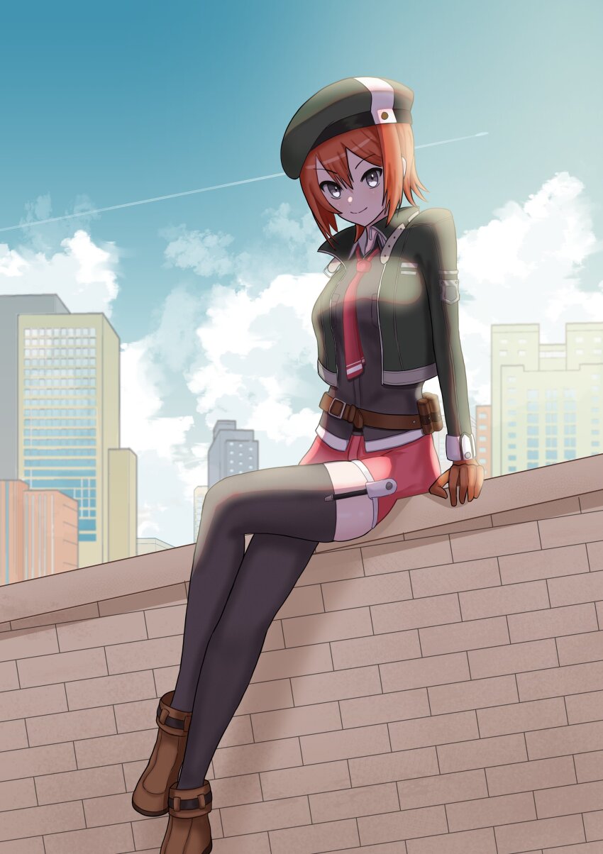 1girl absurdres alexmercerart ao_no_kiseki beret blue_sky boots building cloud commentary cropped_jacket double-parted_bangs eiyuu_densetsu english_commentary gloves green_hat grey_eyes hair_between_eyes hat highres long_sleeves looking_at_viewer necktie noel_seeker orange_hair outdoors short_hair shorts sitting sitting_on_wall sky skyscraper smile solo thighhighs zero_no_kiseki