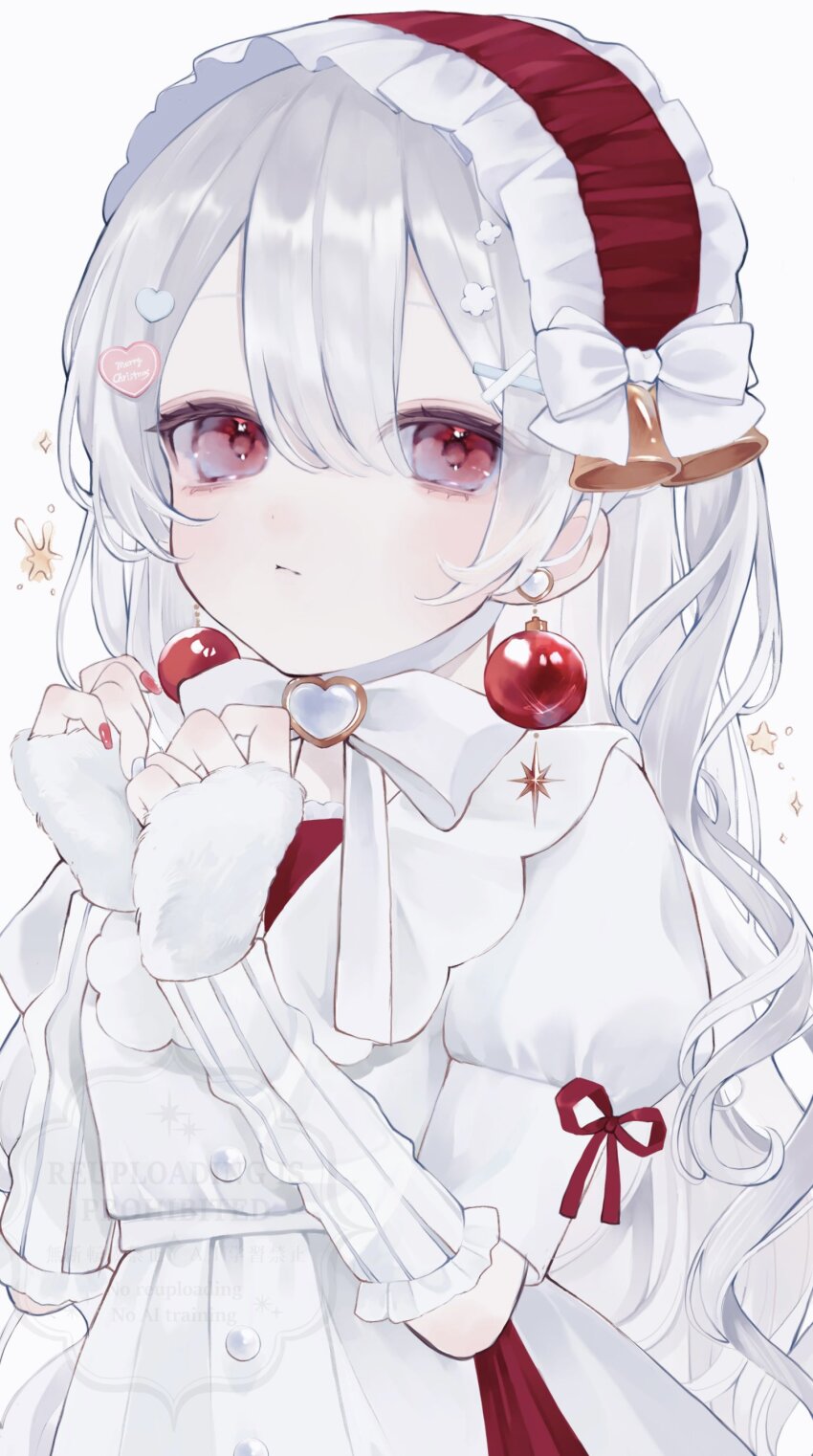 absurdres ao_marumaru0720 ball_earrings bow capelet choker closed_mouth dress ear_bell earrings fur-trimmed_capelet fur_trim hair_between_eyes hair_ornament heart heart_choker heart_hair_ornament highres jewelry long_hair long_sleeves maid_headdress original puffy_sleeves red_bow red_eyes red_ribbon ribbon solo upper_body white_background white_dress white_hair white_ribbon x_hair_ornament