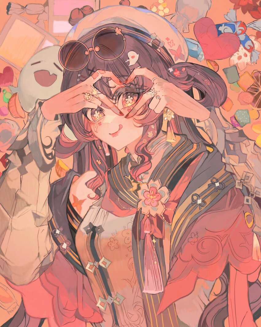 1girl four-finger_heart_hands :q arm_tattoo beret black_scarf boo_tao_(genshin_impact) brown_hair butterfly_tattoo candy candy_wrapper capelet closed_mouth commentary detached_sleeves english_commentary eyewear_on_head facial_mark flower flower-shaped_pupils food genshin_impact ghost_hair_ornament hair_flower hair_ornament hair_rings hairpin hands_up hat heart heart_hands heart_hands_over_eye highres hu_tao_(cherries_snow-laden)_(genshin_impact) hu_tao_(genshin_impact) ichigoh jewelry long_hair long_sleeves looking_at_viewer multiple_rings nail_polish orange_background orange_eyes red_capelet red_nails ring round_eyewear scarf shirt single_bare_shoulder smile solo sunglasses symbol-shaped_pupils tassel tattoo tongue tongue_out twintails upper_body white_hat white_shirt yellow-framed_eyewear