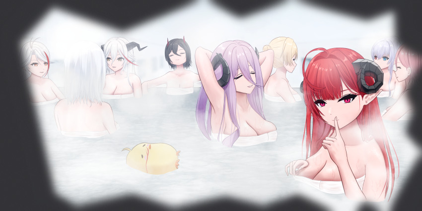 6+girls aegir_(azur_lane) ahoge alternate_hairstyle arms_behind_head azur_lane backward_facing_horns bare_shoulders bismarck_(azur_lane) black_hair black_horns blonde_hair blood blue_eyes breasts cleavage closed_eyes collarbone curled_horns demon_girl demon_horns elbing_(azur_lane) friedrich_carl_(azur_lane) grey_hair hair_between_eyes hair_bun heterochromia highres hindenburg_(azur_lane) horns large_breasts long_hair_between_eyes looking_at_another looking_at_viewer manjuu_(azur_lane) medium_hair multicolored_hair multiple_girls naked_towel nosebleed onsen orange_eyes peeking pink_hair prinz_eugen_(azur_lane) red_eyes red_hair red_horns same-sex_bathing sawtooth seydlitz_(azur_lane) shared_bathing short_hair single_hair_bun slit_pupils steam streaked_hair tirpitz_(azur_lane) towel two-tone_hair ulrich_von_hutten_(azur_lane) water wet white_hair