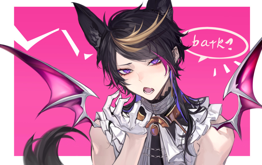 1boy animal_ears black_hair blonde_hair border chinese_commentary collar colored_inner_hair commentary_request demon_wings eyeshadow fangs fingernails gloves hand_up highres kemonomimi_mode looking_at_viewer makeup male_focus metal_collar multicolored_hair nijisanji nijisanji_en open_mouth outside_border pink_background pink_hair portrait purple_eyes purple_hair qingyu red_eyeshadow sharp_fingernails short_hair_with_long_locks shu_yamino shu_yamino_(1st_costume) simple_background solo speech_bubble streaked_hair swept_bangs tail virtual_youtuber white_border white_gloves wings wolf_boy wolf_ears wolf_tail