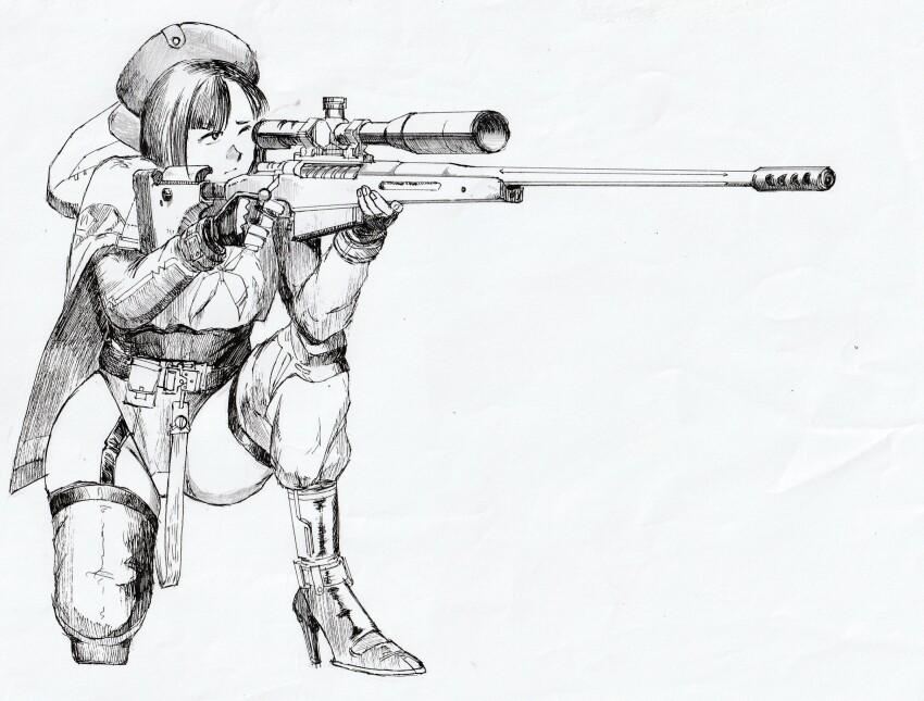 anti-materiel_rifle asymmetrical_bangs beret bolt_action boots closed_mouth commentary_request eunhwa_(nikke) fingerless_gloves forehead full_body gloves goddess_of_victory:_nikke greyscale gun hat high_heel_boots high_heels highleg highleg_leotard highres holding holding_gun holding_weapon hood hood_down hooded_jacket jacket leotard long_hair mcmillan_tac-50 millipen_(medium) monochrome ogirin3948 on_one_knee one_eye_closed pen_(medium) rifle scope sniper_rifle solo traditional_media weapon