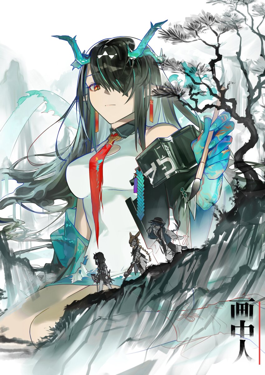 1boy 3girls absurdres animal_ears arknights backlighting bare_shoulders black_hair black_jacket blonde_hair blue_hair cleavage_cutout clothing_cutout colored_extremities colored_skin commentary dragon_girl dragon_horns dragon_tail drawing_(action) dress dusk_(arknights) earrings furiwo green_hair green_skin hair_over_one_eye hat highres holding holding_paintbrush hood hood_up hooded_jacket horns jacket jewelry kneeling kroos_(arknights) kroos_the_keen_glint_(arknights) lava_(arknights) lava_the_purgatory_(arknights) long_hair mr._nothing_(arknights) multicolored_hair multiple_girls necktie off_shoulder paintbrush ponytail rabbit_ears red_eyes red_necktie short_hair streaked_hair tail tassel tassel_earrings walking white_dress
