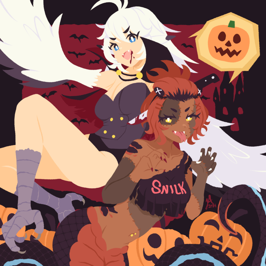 2girls ahoge bird_legs black_vest blue_hair breasts bright_pupils capelet cayenne_(lightklok) cleavage commentary dark-skinned_female dark_skin english_commentary fangs feathers fingernails forked_tongue hair_between_eyes halloween_costume harpy highres jack-o&#039;-lantern jaya_(lightklok) knife_in_head lamia lightklok long_fingernails medium_breasts monster_girl multiple_girls object_through_head orange_hair original red_capelet red_nails spoken_object stitches talons tongue vampire_costume vest white_feathers white_hair white_pupils white_wings winged_arms wings yellow_eyes