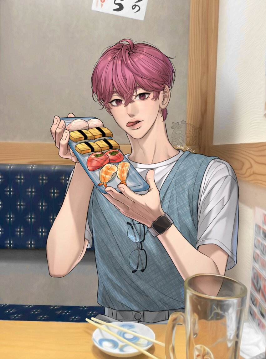 1boy an_sso_o bamby_(plave) beer_mug blue_sweater_vest cup food hair_between_eyes highres holding holding_plate indoors k-pop korean_commentary looking_at_viewer male_focus mug pink_eyes pink_hair plate plave semi-rimless_eyewear shirt short_hair short_sleeves solo sushi sweater_vest tongue tongue_out unworn_eyewear upper_body watch white_shirt wristwatch