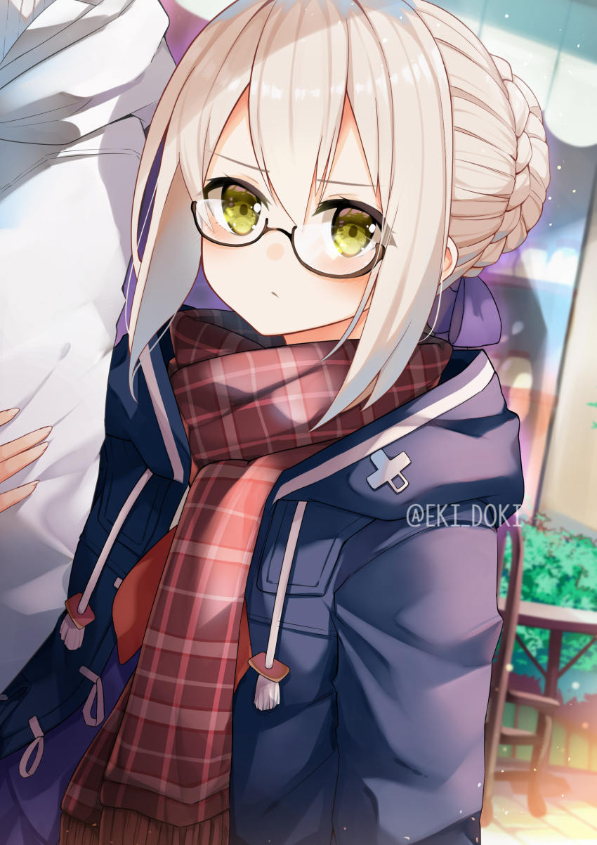 1girl absurdres arm_hug artoria_pendragon_(fate) black-framed_eyewear blonde_hair blue_coat braid braided_bun coat drawstring duffel_coat eki_doki fate/grand_order fate_(series) frown glasses green_eyes hair_bun highres long_sleeves looking_at_viewer mysterious_heroine_x_alter_(fate) mysterious_heroine_x_alter_(first_ascension)_(fate) open_clothes open_coat outdoors plaid purple_shirt scarf semi-rimless_eyewear shirt solo_focus twitter_username under-rim_eyewear upper_body