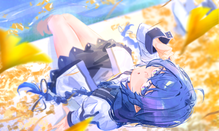 1girl :o ahoge autumn_leaves black_skirt blue_eyes blue_hair braid commentary crossed_bangs es_limi falling_leaves from_above ginkgo_leaf hand_up highres leaf long_braid long_hair long_sleeves miniskirt mushoku_tensei roxy_migurdia shirt sitting skirt soaking_feet solo thighs twin_braids very_long_hair water white_shirt yellow_leaves