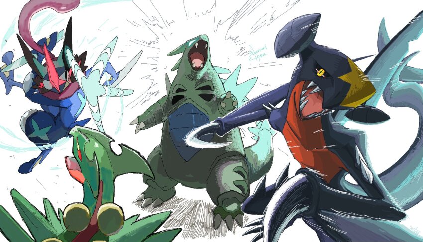 animal_focus arm_fins ash-greninja black_sclera blue_skin claws colored_sclera colored_skin dragon fighting fins fish_tail garchomp gen_2_pokemon gen_3_pokemon gen_4_pokemon gen_6_pokemon glowing glowing_eyes greninja highres jumping looking_at_another looking_at_viewer mega_pokemon mega_sceptile nintendo no_humans open_mouth outstretched_arm pokemon pokemon_(creature) pokemon_focus riotono_0643 sceptile shark_tail sharp_teeth simple_background spiked_tail spikes standing tail teeth tyranitar white_background yellow_eyes