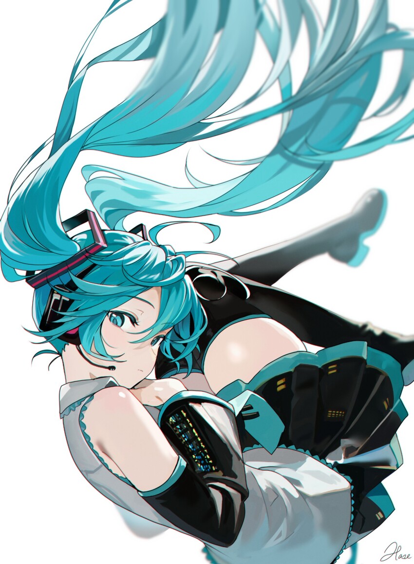 1girl black_shoes black_skirt black_sleeves black_thighhighs blue_eyes blue_hair blue_shoes blue_trim blurry closed_mouth commentary_request depth_of_field detached_sleeves expressionless floating_hair frilled_shirt frills from_side grey_shirt hands_on_own_chest hatsune_miku haze_(ohw8g) headset highres knees_up leg_up long_hair looking_at_viewer looking_to_the_side lying multicolored_shoes on_back pleated_skirt shirt shoes simple_background skirt solo swept_bangs thighhighs twintails two-tone_shoes vocaloid white_background zettai_ryouiki
