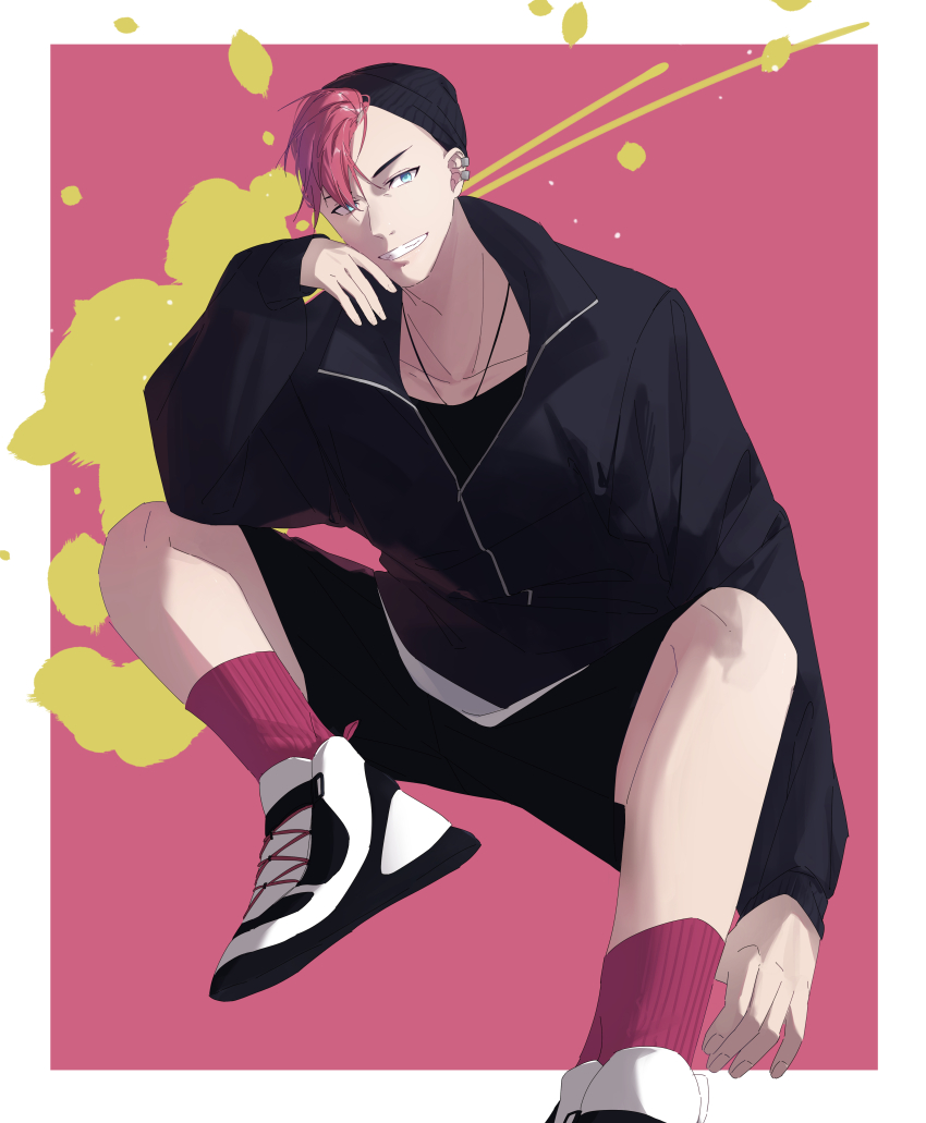 1boy :d absurdres alternate_costume bazz-b beanie black_hat black_jacket black_shorts bleach bleach:_sennen_kessen-hen blue_eyes border collarbone commentary eyebrows_hidden_by_hair foot_out_of_frame grin hannahyu hat highres jacket knees_up looking_at_viewer male_focus mohawk open_mouth outside_border partially_unzipped pink_background pink_hair pink_socks shoes short_hair shorts simple_background sitting sleeves_past_wrists smile sneakers socks solo tsurime white_border white_shoes