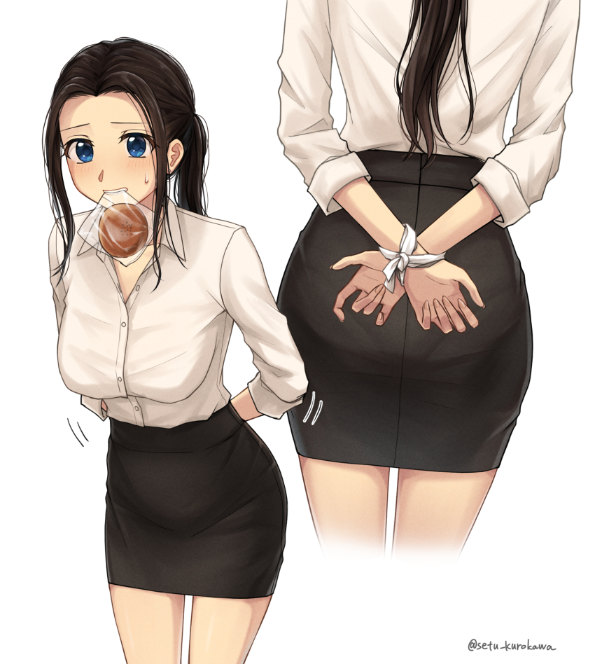 1girl arms_behind_back ass black_skirt blue_eyes bound bread_eating_race breasts collared_shirt commission forehead highres large_breasts office_lady original pencil_skirt pixiv_commission ponytail restrained setu_kurokawa shirt sidelocks simple_background skirt solo standing thighs tied_up_(nonsexual) white_background white_shirt
