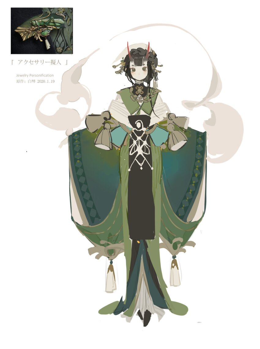 1girl asymmetrical_sidelocks bai_qin black_footwear black_hair black_loincloth blunt_bangs brooch capelet colored_skin dated double-parted_bangs full_body green_capelet grey_eyes hagoromo hair_ornament hair_stick hat highres hiki_furisode hikimayu horns jewelry layered_clothes layered_sleeves legs_together light_blush looking_at_viewer mandarin_collar no_mouth no_nose original personification photo_inset reference_inset shawl short_hair simple_background sketch standing straight-on tassel white_background white_hat white_shawl white_skin wide_sleeves