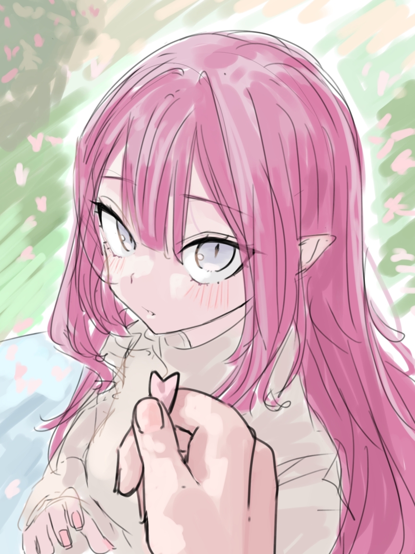 1boy 1girl arms_up baobhan_sith_(fate) blush brown_sweater cherry_blossoms dress falling_petals fate/grand_order fate_(series) flower grey_eyes hair_between_eyes highres long_hair looking_at_viewer niwaikanai petals pink_hair pointy_ears red_nails solo spring_(season) sweater