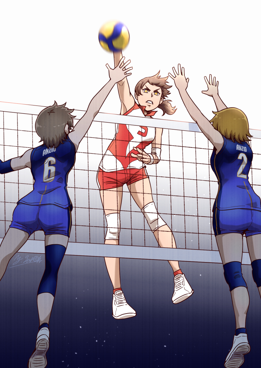 ankle_socks arm_up arms_up artist_name ball blocking blue_shirt blue_shorts brown_hair commentary elbow_pads girls_und_panzer highres jumping kawanishi_shinobu knee_pads ponytail red_shirt red_shorts red_socks satou_yasu shirt short_hair short_ponytail short_shorts shorts signature single_vertical_stripe sleeveless sleeveless_shirt socks spiking sportswear volleyball volleyball_(object) volleyball_net volleyball_uniform yellow_eyes