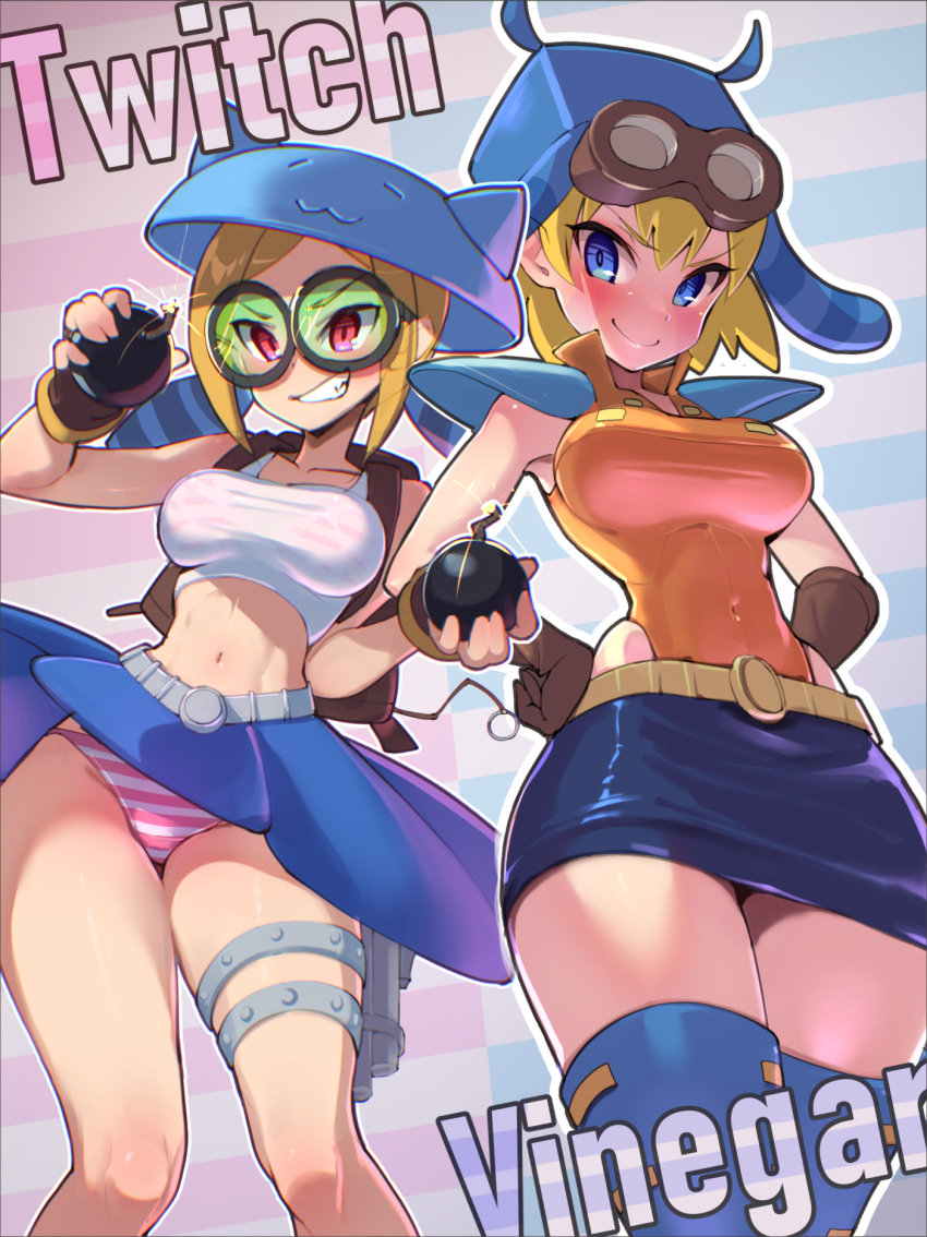 2girls abs backpack bag bare_legs belt belt_buckle blonde_hair blue_eyes blue_skirt blush bomb boots breasts buckle clothes_lift crop_top explosive stomach underwear fingerless_gloves fuse gloves goggles grin gun gun_holster hair_between_eyes hands_on_own_hips helmet highres knee_boots knees large_breasts medium_breasts miniskirt momochi_momotan multiple_girls navel open_mouth panties red_eyes see-through_clothes see-through_shirt shantae_(series) shirt short_hair shoulder_pads sidelocks skin_tight_clothing skirt skirt_lift smile solo striped_clothes striped_panties text_background thick_thighs thigh_strap thighs twintails twitch_(shantae) underwear very_short_hair vinegar_(shantae) wayforward weapon white_shirt