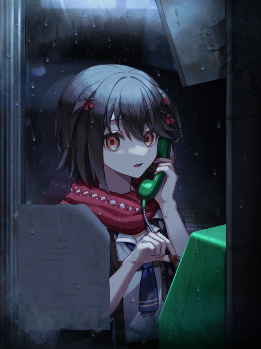 1boy 39_iduki androgynous bow brown_hair cable coin commentary_request dark hair_ornament hairclip highres holding holding_coin holding_phone looking_at_viewer looking_to_the_side male_focus mashiro_meme nail_polish nijisanji pale_skin parted_lips phone phone_booth rain scarf solo staple virtual_youtuber water_drop yellow_eyes