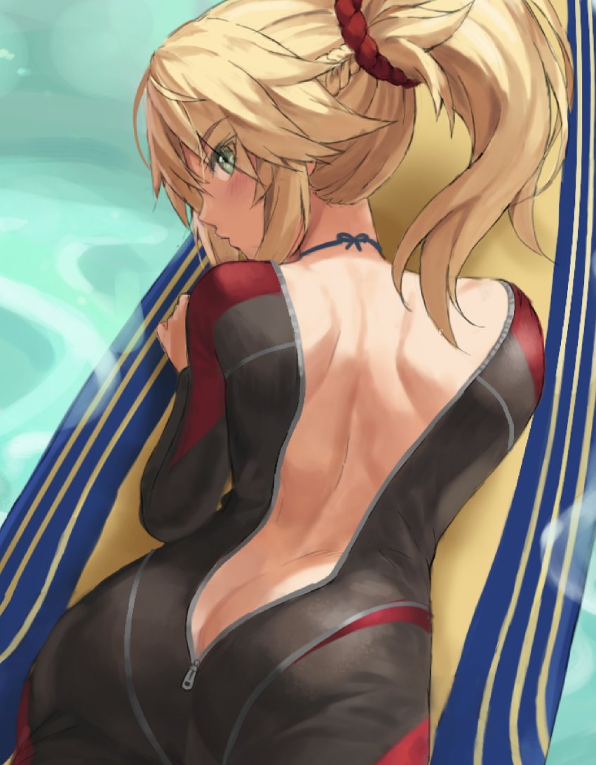 1girl ass back bad_id bad_twitter_id black_bodysuit blonde_hair bodysuit braid breasts butt_crack diving_suit fate/apocrypha fate/grand_order fate_(series) green_eyes hair_ornament hair_scrunchie half_up_braid highres long_hair looking_at_viewer looking_back mordred_(fate) mordred_(fate/apocrypha) parted_bangs ponytail prydwen_(fate) scrunchie sidelocks small_breasts solo surfboard tonee wetsuit zipper