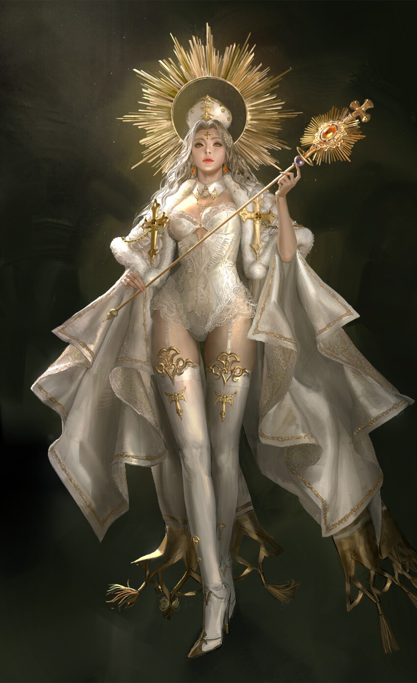 1girl blonde_hair boots breasts capelet closed_mouth collar collarbone commentary corset cross cross_necklace detached_collar earrings english_commentary forehead_cross forehead_protector full_body fur-trimmed_capelet fur_trim garter_straps gold_trim gradient_background hair_ornament highres holding jewelry lace_trim light_particles long_hair looking_at_viewer medium_breasts necklace original pope red_lips sangsoo_jeong solo standing thigh_boots thigh_gap thighhighs thighs white_collar white_corset white_thighhighs yellow_eyes