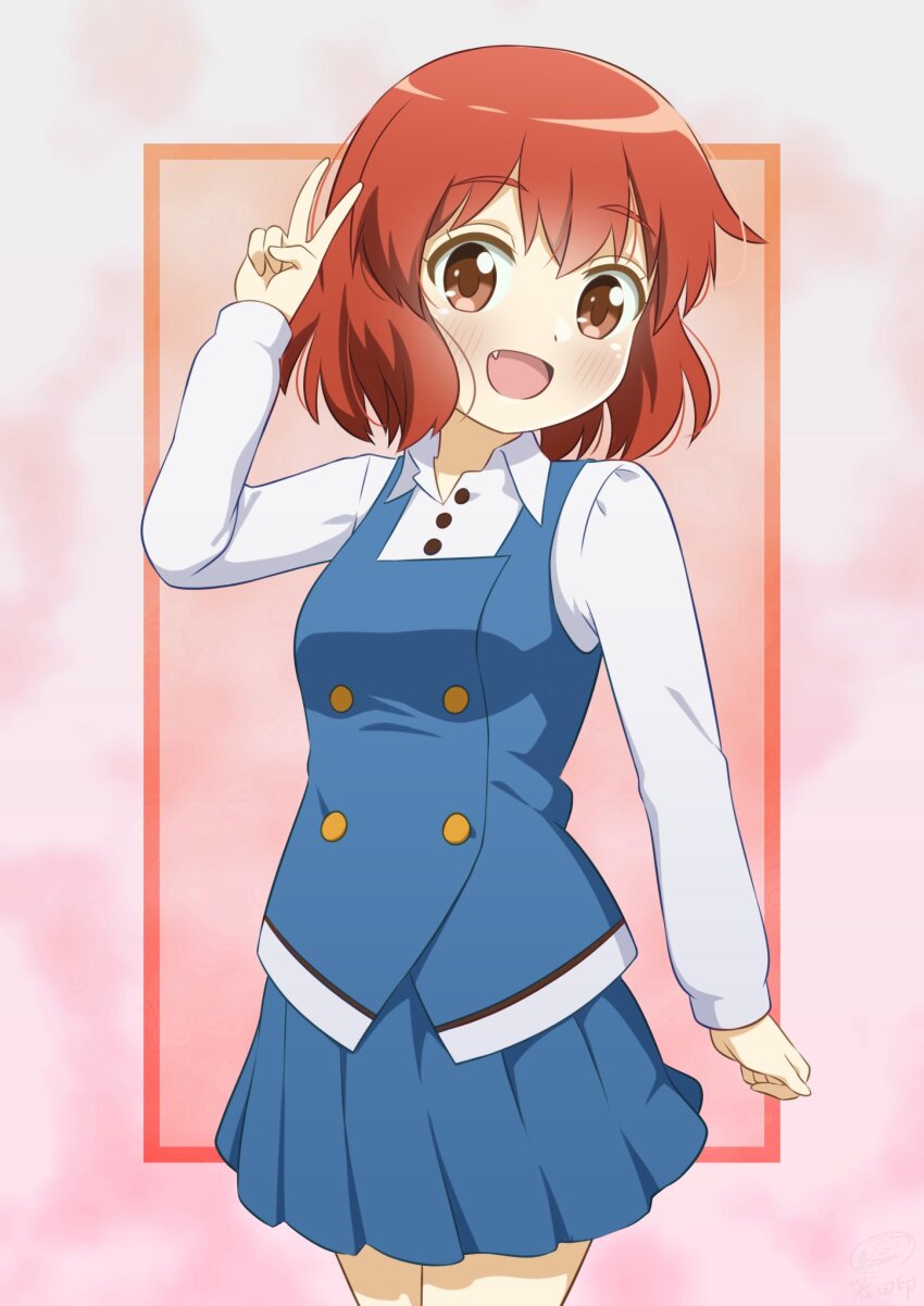 1girl blue_skirt blush dot_nose fang feet_out_of_frame female_focus hair_between_eyes highres inokuma_youko kin-iro_mosaic legs looking_at_viewer open_mouth red_hair school_uniform short_hair skirt solo standing v wakata24s winter_uniform