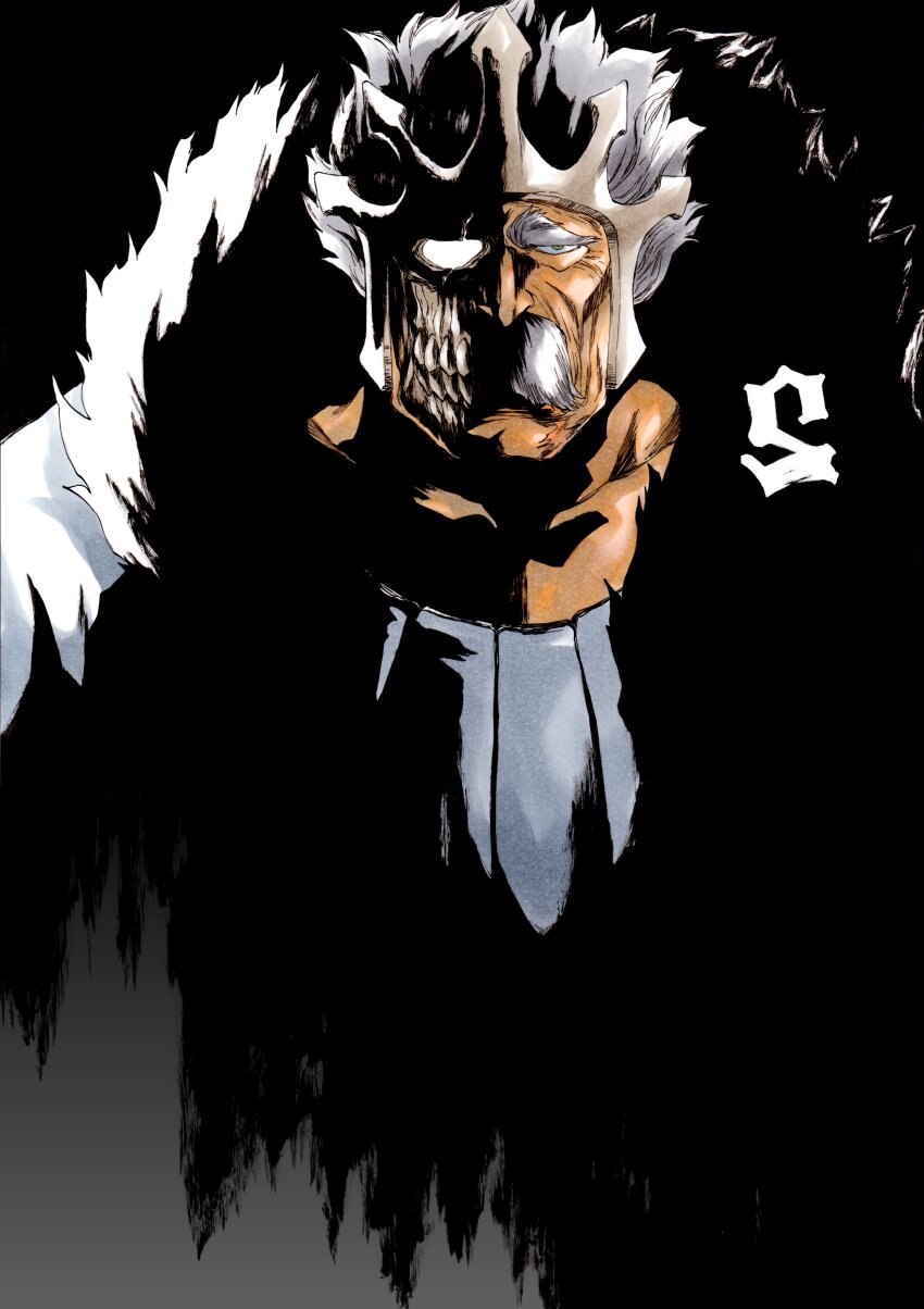 1boy absurdres baraggan_louisenbairn black_background bleach coat collarbone crown dark empty_eyes facial_hair fur-trimmed_coat fur_trim green_eyes grey_hair hair_slicked_back highres ken&#039;ichi_(ken1ro_u) looking_at_viewer male_focus mustache nose old old_man scar skull solo sunken_cheeks teeth thick_eyebrows white_coat x-ray